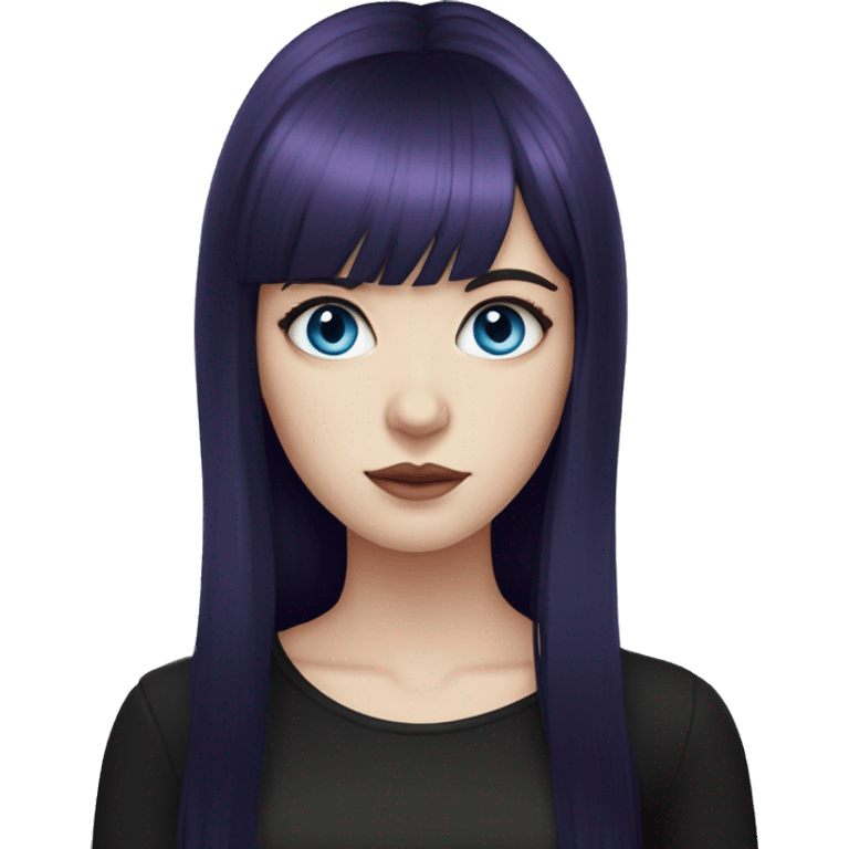 girl, pale skin, blue eyes, long hair, deep purple hair, bangs, black clothes, eyeliner emoji