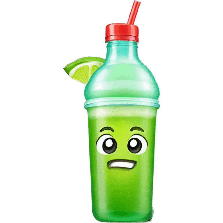 margarita with happy cartoon face and lime in a to go plastic bottle emoji