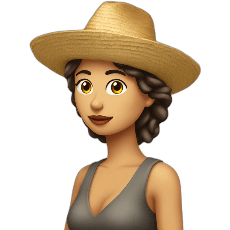 Mujer morena con sombrero creando ideas para redes sociales  emoji