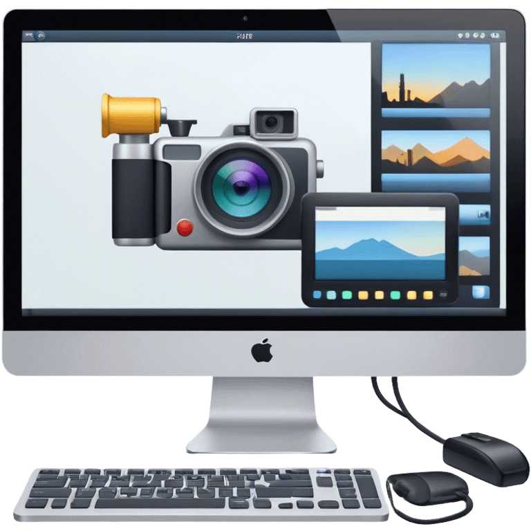 Create an emoji for video editing. Show a computer screen with a video timeline, clips, and editing tools (e.g., scissors). Add a video camera. Use modern, professional colors. Do not include any emojis or smiley faces. Make the background transparent emoji