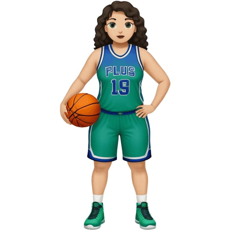 full body plus size light skin latino women basketball player with wavy dark hair large wide nose wearing blue with green uniform emoji