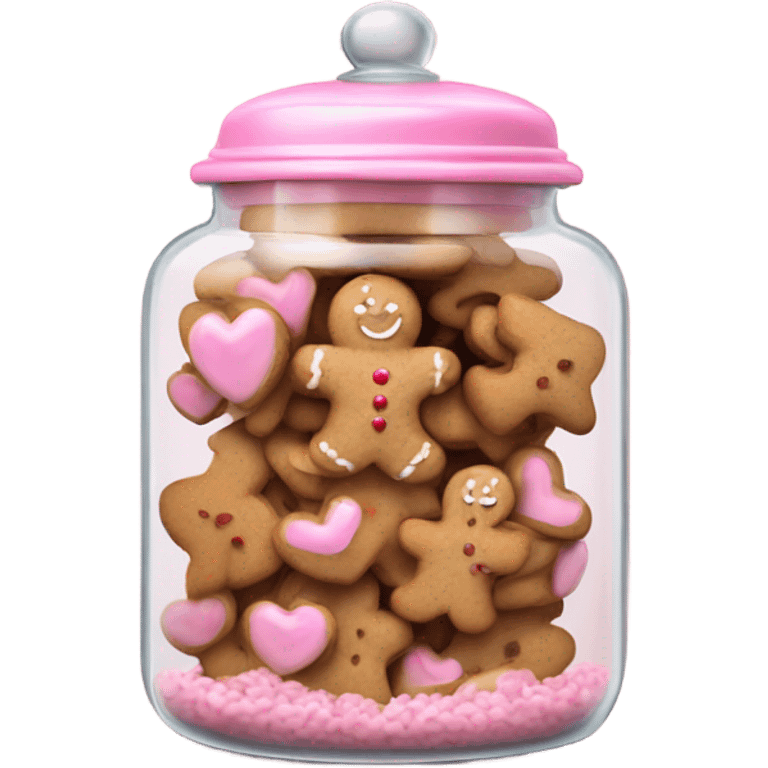 Realistic glass cookie jar with light pink lid full of gingerbread cookies isolated.  emoji