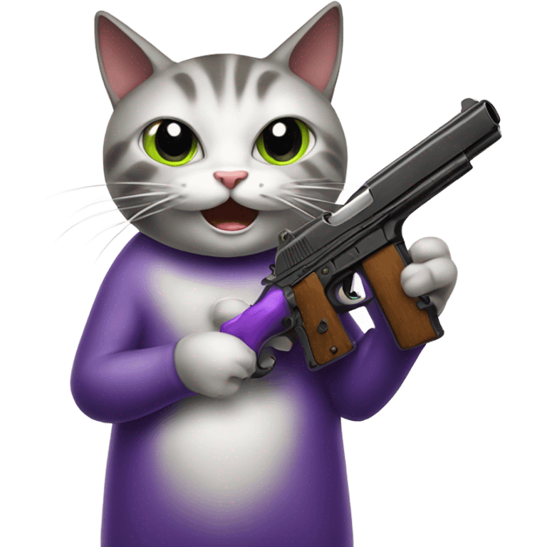 Cat eating a eggplant holding a gun emoji