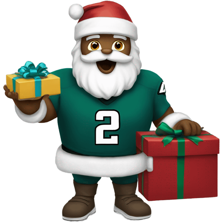 Santa wearing an eagles jersey handing out presents emoji