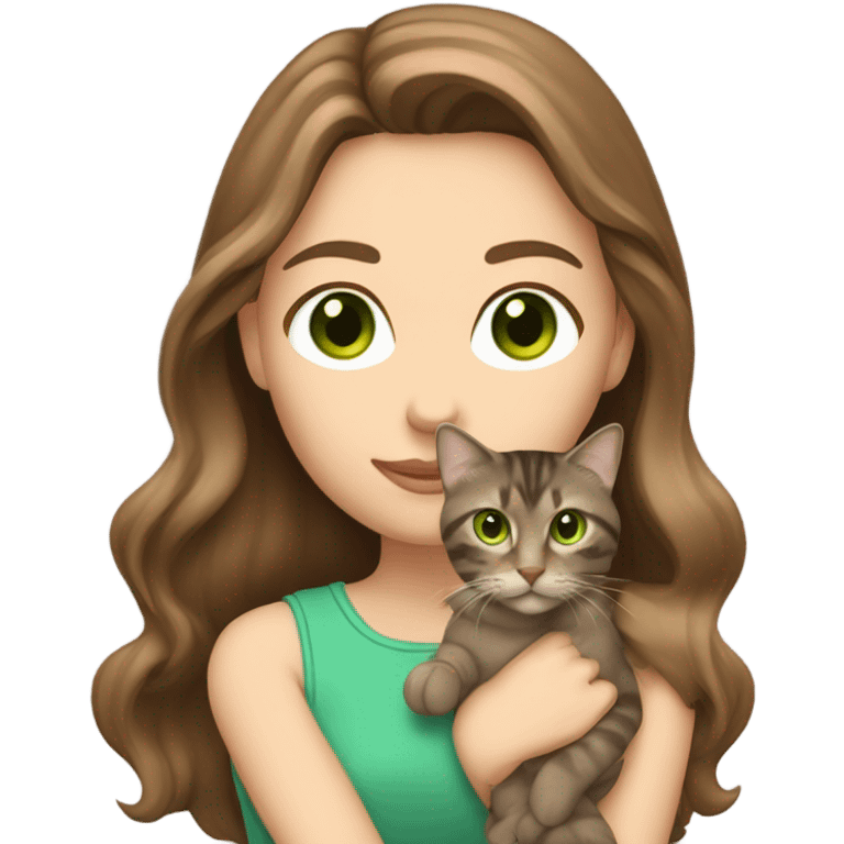 Caucasian women with long brown hair and brown eyes holding a tabby cat with green eyes emoji