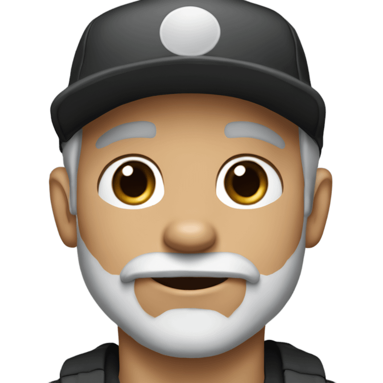 Handsome man, with blue eyes, wearing ball cap, with grey hair and goatee beard, holding all black long haired chihuahua emoji