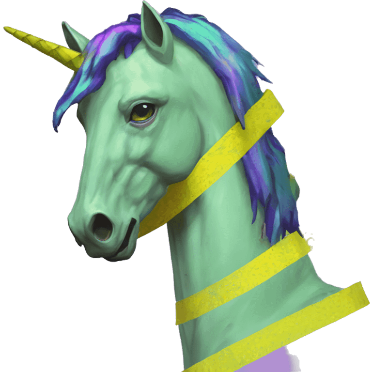 Pixel art of Zombie Vaporwave black holographic oilslick zombie unicorn yellow caution tape emoji