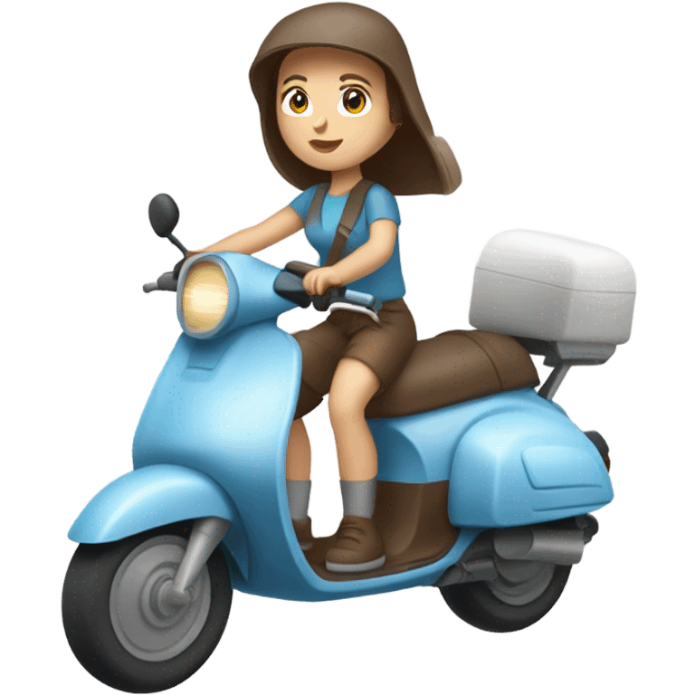 White women with Blue eyes and chocolate hair on a scooter in a helmet and summer clothes emoji