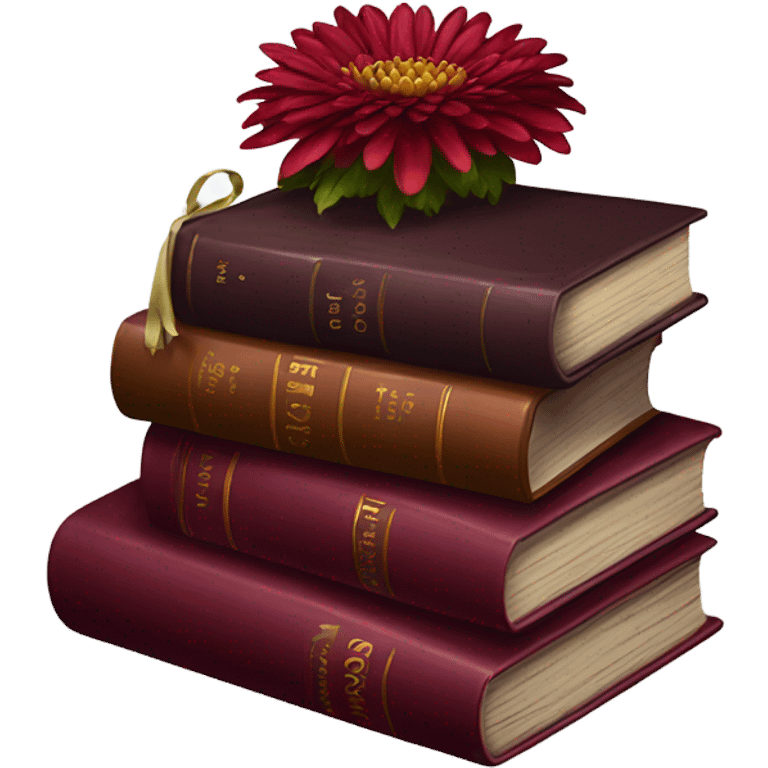 A maroon book stack adorned with ruby-red chrysanthemums and a candle emoji