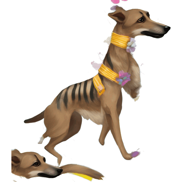  brindle brown black maroon striped lurcher Alsatian fox running blue eyes and iridescent holographic oilslick harness wearing paper iridescent tropical flower crown yellow caution tape emoji