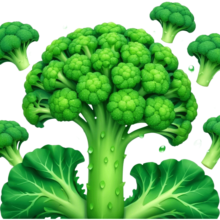 Cinematic lush green broccoli, detailed florets glistening with dewdrops, ultra-fresh and vibrant, soft glowing background, healthy and delicious. emoji