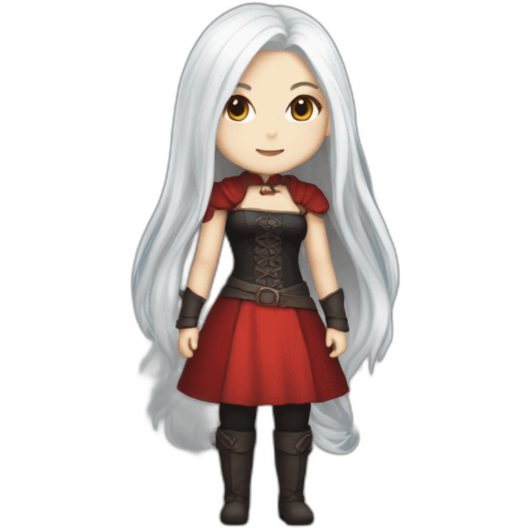 rpg-girl-with-long-straight white-hair-and-red-dress and black tights like chibi emoji