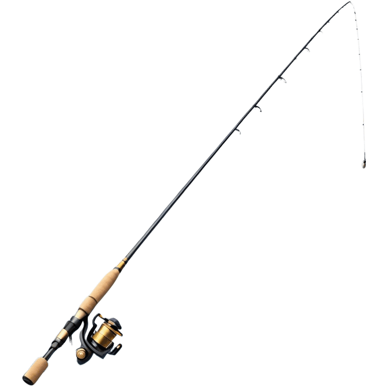 Cinematic Realistic Fishing Rod, sleek graphite rod with a smooth, polished reel, thin line disappearing into a shimmering lake, warm golden sunlight reflecting off the water, glowing with a tranquil and adventurous aura. emoji