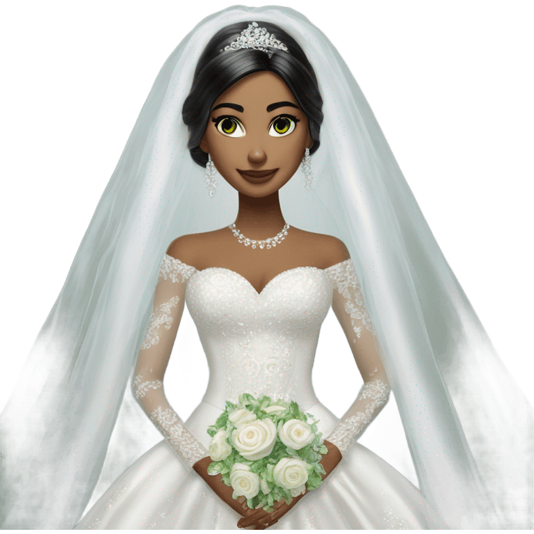 Hyper Realistic ornate ballgown long sleeve Wedding dress with diamanté on Russian bride with green eyes and long black hair with veil emoji