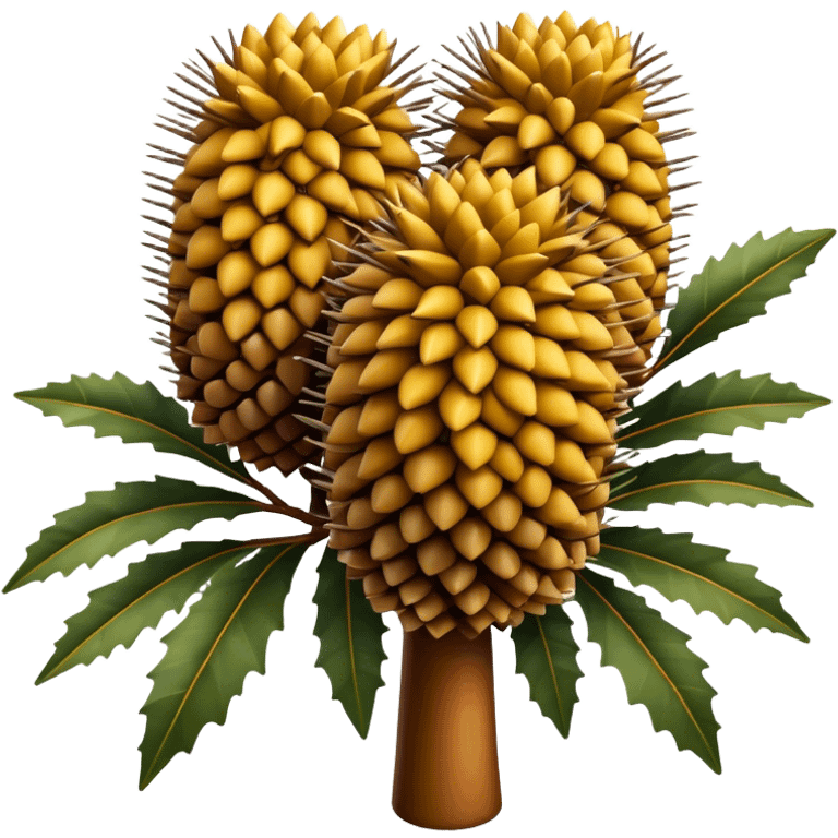 Cinematic Realistic Banksia Emoji, Bold and striking, with spiky, cylindrical flower heads covered in rich golden hues. The leaves are thick and leathery, adding a sense of strength to this unique and iconic tree. Soft glowing outline, capturing the essence of Australian ruggedness and floral beauty in a distinctive banksia tree! emoji