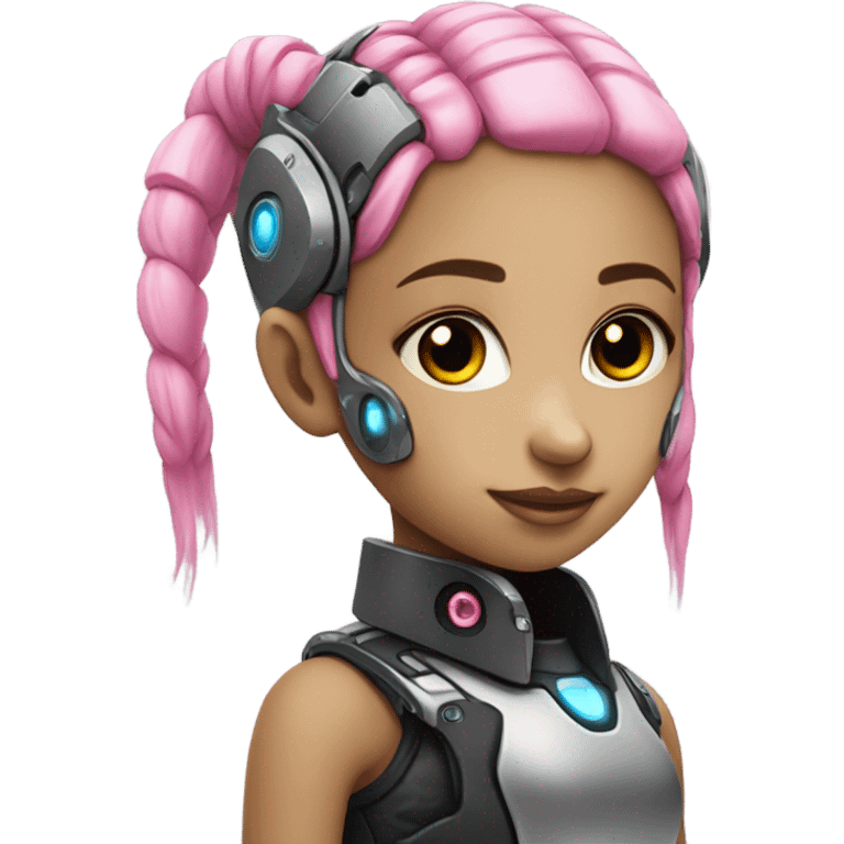 cyborg girl, pink hair, robot body, gynoid, twintails, cyberpunk, black collar emoji