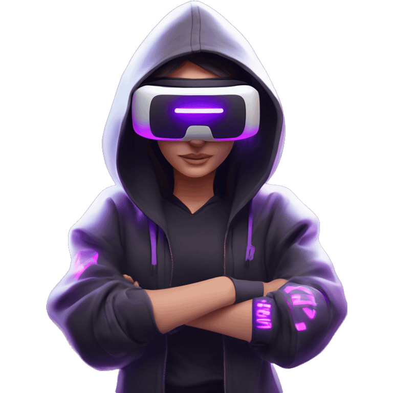 Russian girl wearing black hoody with violet letters "OMG", in vr headset oculus quest2. Standing like jedi. Cyberpunk style. Violet neon. emoji