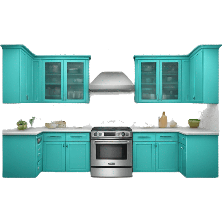 Realistic front facing turquoise kitchen with counter and hanging cabinets.  emoji