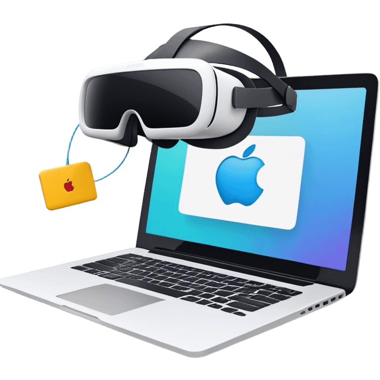 VR headset connected by a wire to a laptop. On the laptop screen, a VR/AR modeling program is open. Floating 3D models or virtual objects. Modern, tech-inspired colors. No emojis or smiley faces. Transparent background. emoji