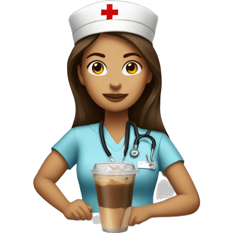 Brown-haired-young-waisian-woman-nurse drinking iced coffee emoji