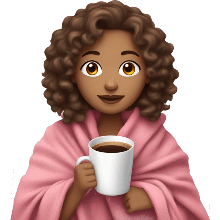 light skin Brunette girl with curly hair in a cozy pink blanket while drinking coffee emoji