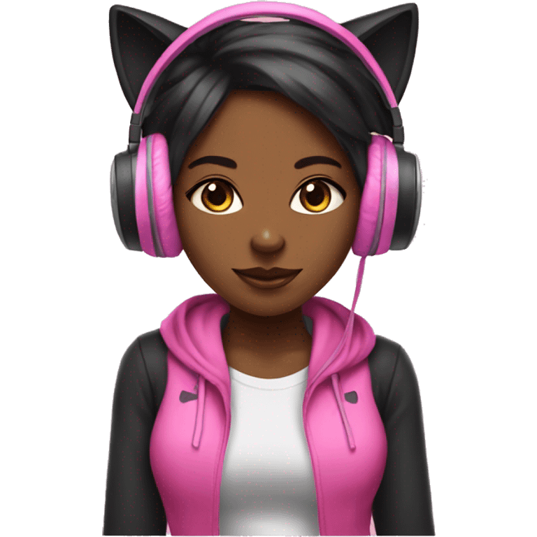 black gaming girl with pink cat headphones with bows emoji