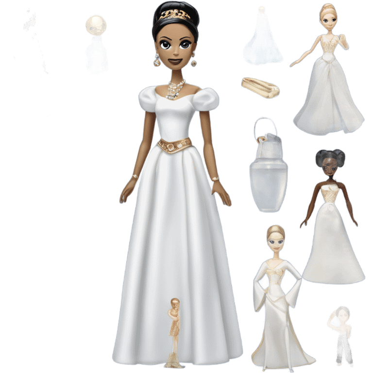 Tall realistic face teen Morticia Addams in as Princess Leia Barbie in ruffled pearl-white and blue ballet ball gown with gold accents and accessories  emoji