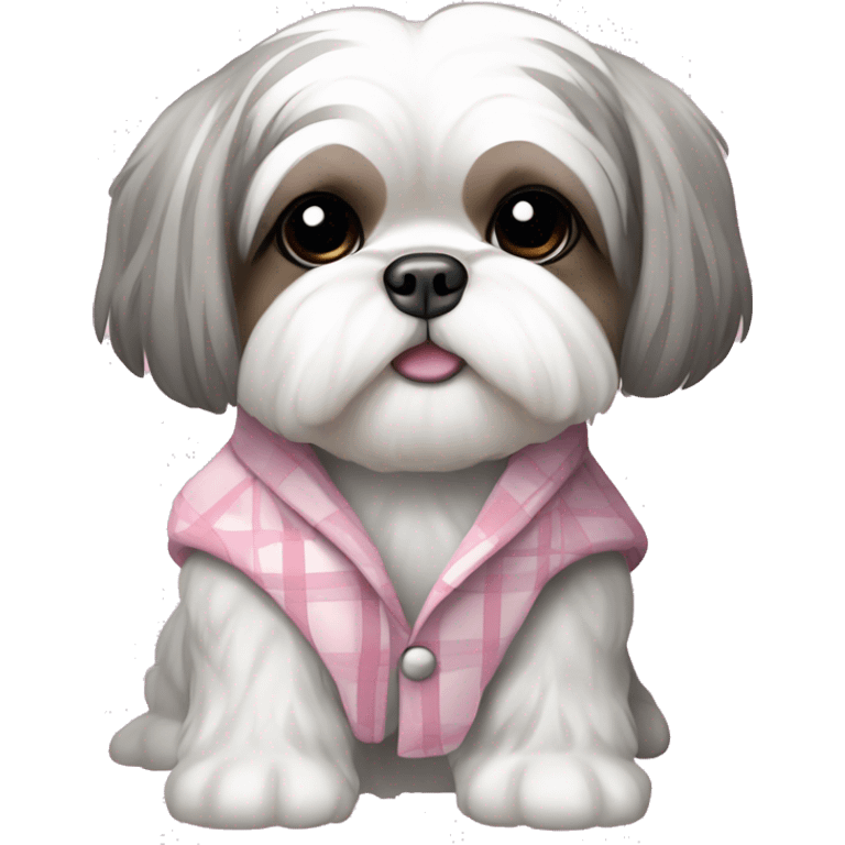 White and gray shaved shih tzu wearing a baby pink plaid coat emoji