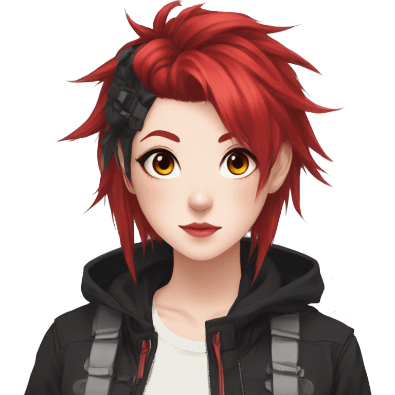 Gorgeous anime style tomboy-lady with blushing face aesthetic and pretty edgy black red punk hair with hair garment trending style emoji