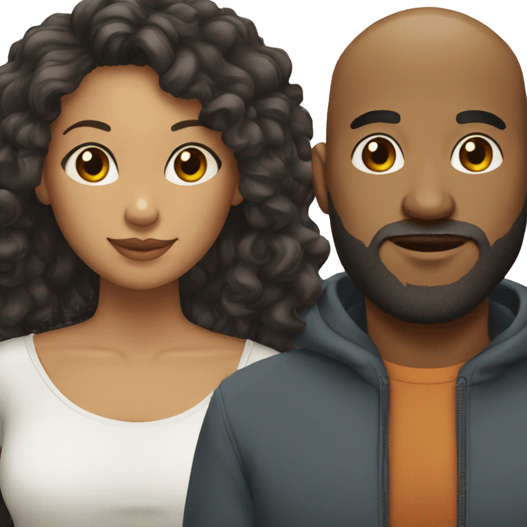 Couple bald black man with beard and mixed race woman with long curly black hair emoji