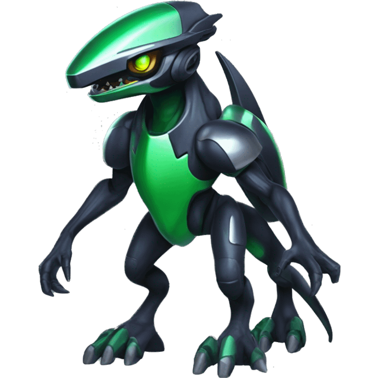 a shiny black-green Genesect-Raptor-Fakémon—hybrid with a futuristic visor-helmet full body emoji