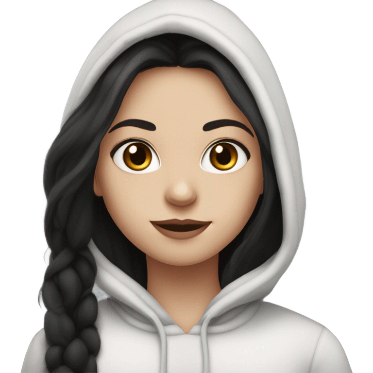 White skinned girl with long dark hair and hazel eyes and black fur hood emoji