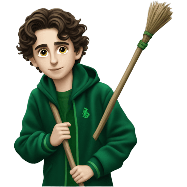 Timothee Chalamet wearing a Slytherin jacket and Riding a broom emoji