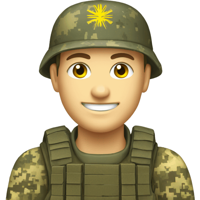 happy Ukrainian soldier, in camouflage pixel uniform  emoji