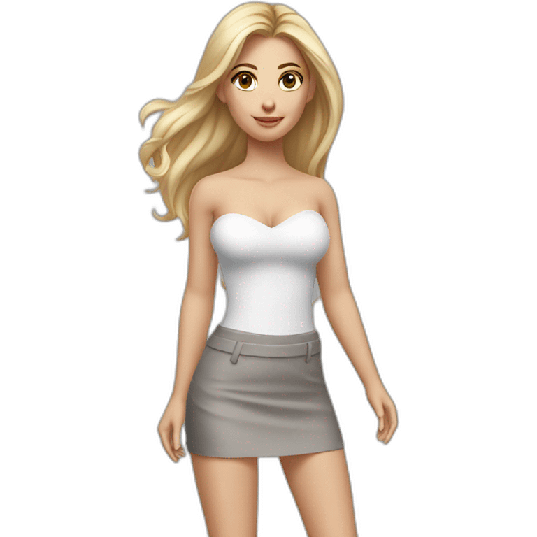 hyperrealistic caucasian long blonde hair brown eyes woman white v-neck strapless top gray tight mini skirt walking towards camera emoji