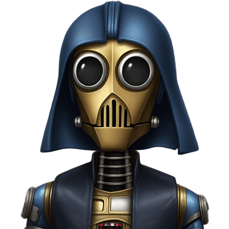 well-equipped jedi first order human-sized darkblue-pearl C3po as a friendly bounty hunter droid wearing a leather attire old west duster coat holding light saber ready to fight but relaxed. antiqued emoji