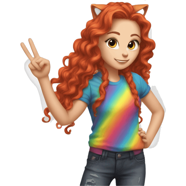 a white girl with long red curly hair in a pony tail with rainbow shirt does peace sign wearing cat ears one black other white emoji