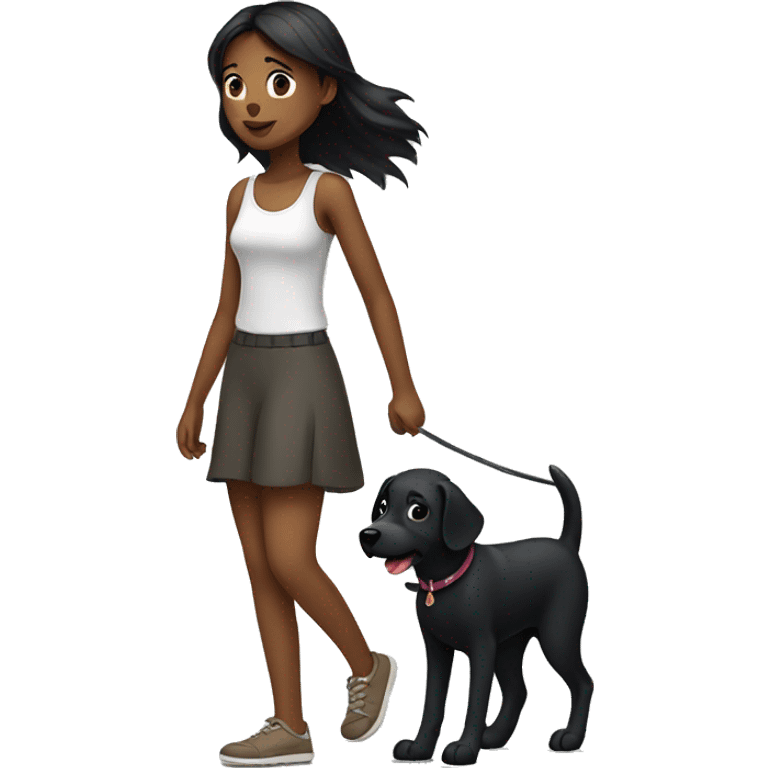 Girl walk with a black dog with white Chest emoji