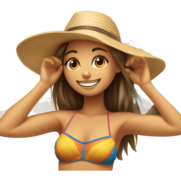 praia com por do sol e areia e uma pessoa deitada numa toalha e bikini. emoji