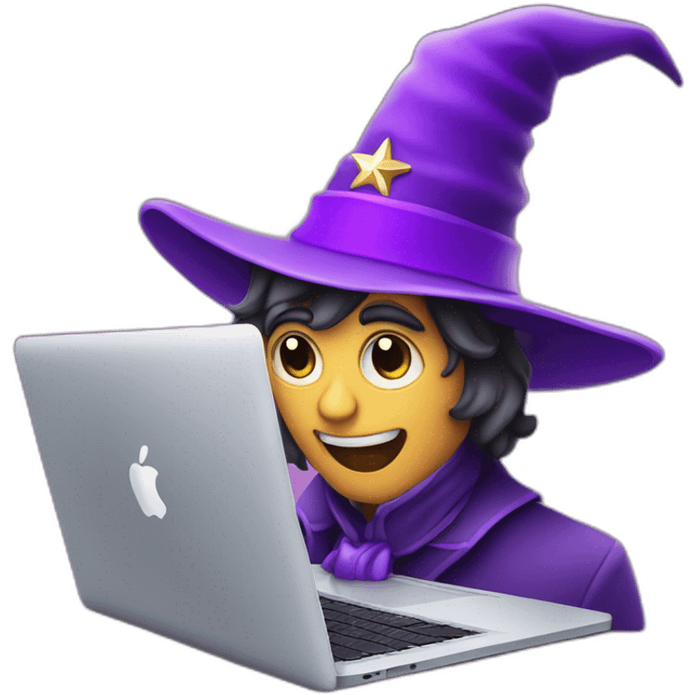 magician with a purple pointy magic hat with a star working on a macbook emoji