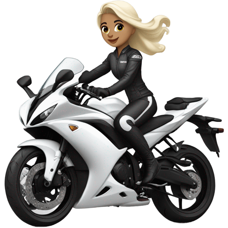 A white, blonde princess riding an all-white Yamaha-r3 emoji