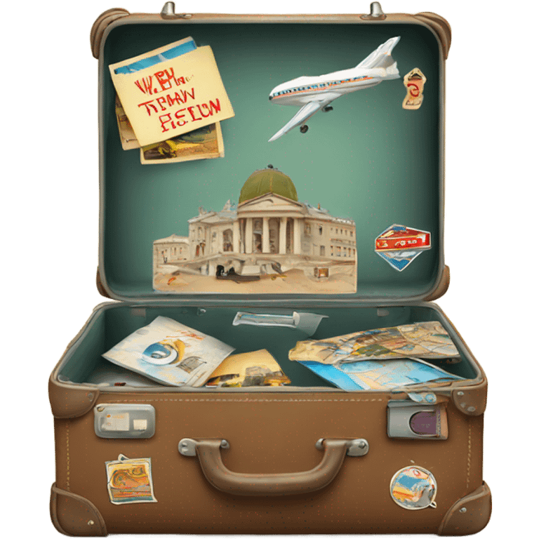 suitcase with vintage travel stickers emoji