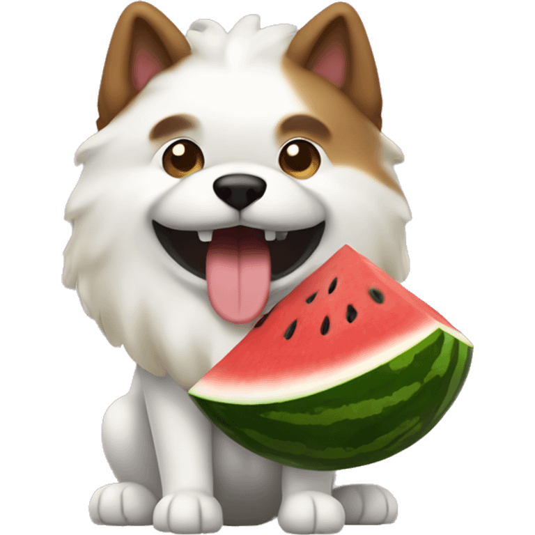 javanese dog with white and brown fur holding a watermelon slide emoji