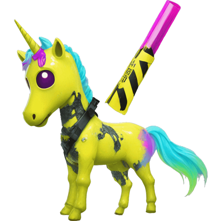 .Zombie_ Vaporwave black holographic oilslick zombie unicorn yellow caution tape with prosthetic arm  emoji