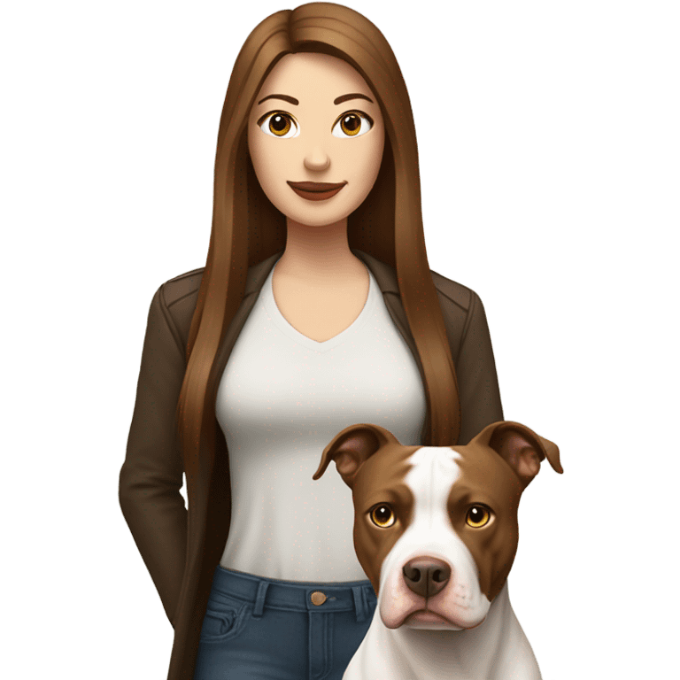 white woman with straight long brown hair standing alongside a white pitbull emoji