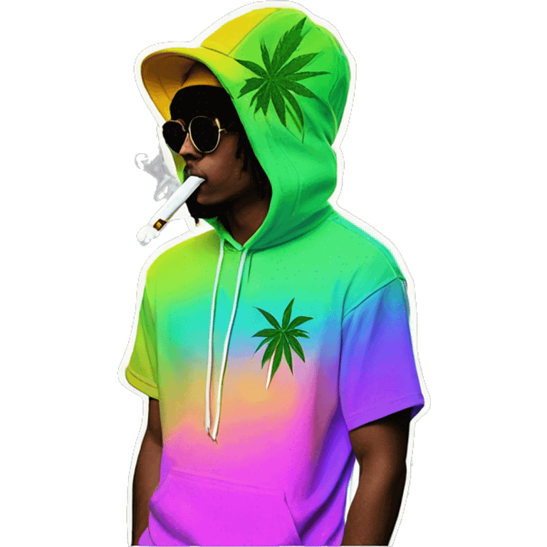 Hemp leaves Multicoloured neon person smoking wearing hoodie dancing hip hop bucket hat tropical Skater fashion aesthetic baggy clothes graphic t shirt 420 emoji