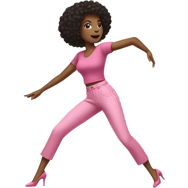 High heels dance woman short dark brown afro hair pink top and pink trousers  emoji