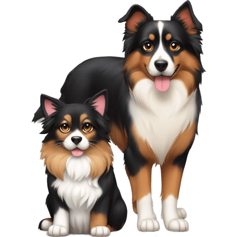 A calico cat next to a black and tan Australian Shepard dog emoji