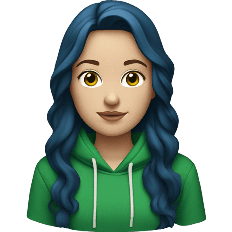 white girl with long wavy dark blue middle parted hair wearing green hoodie emoji