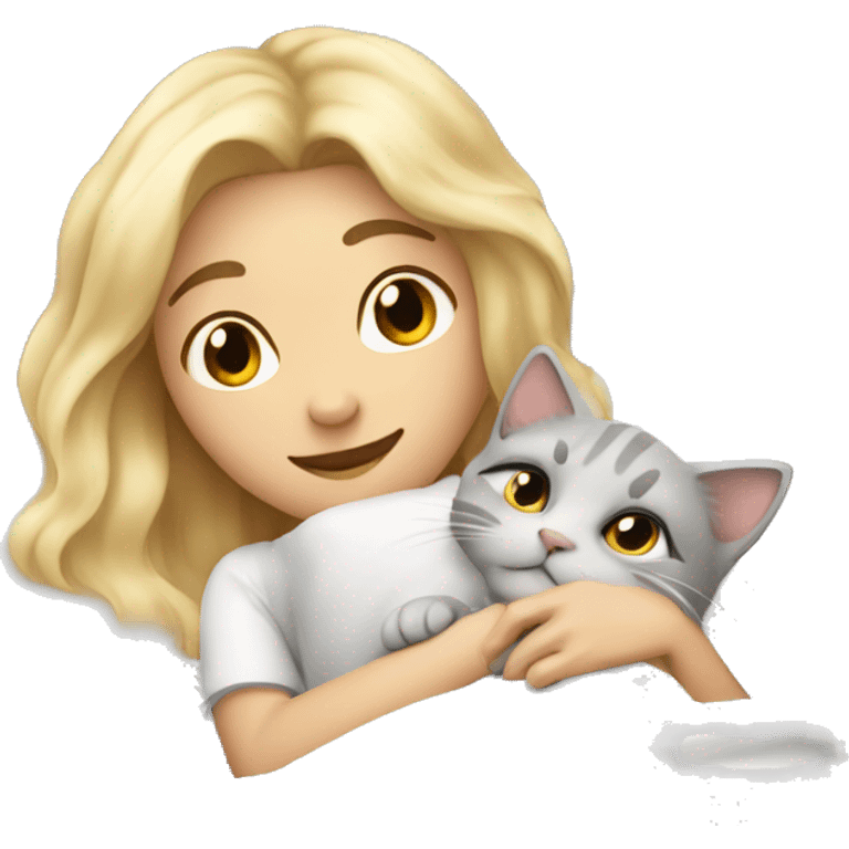 blonde lying in white bed with loose hair and hugging light gray cat emoji